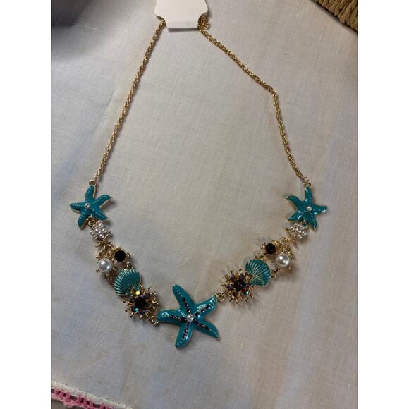 Starfish & Pearl Statement Necklace Turquoise Beads Resort Coastal Chic NWT - Picture 2 of 8